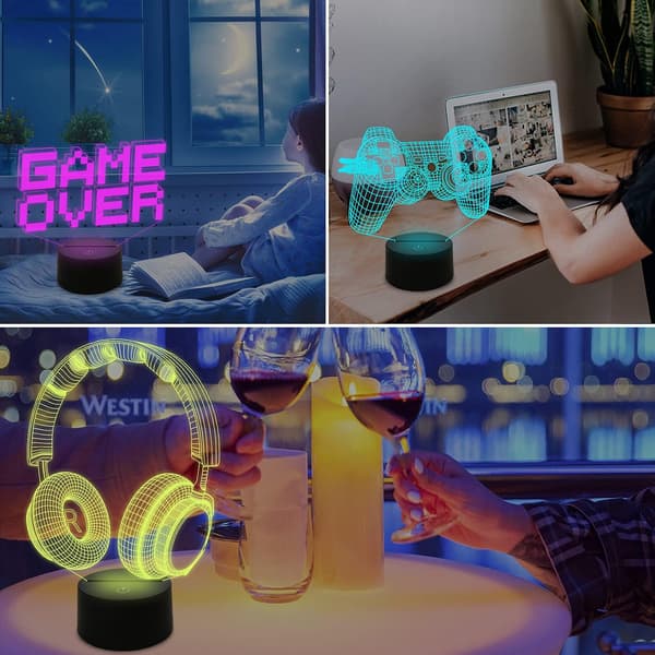 Pixel Game Over Illusjonslampe, Gamepad 3D Nattlys (3 Pat