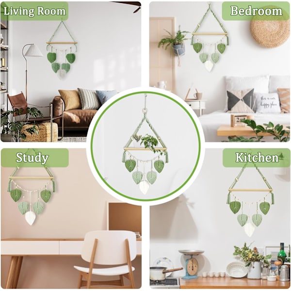 Makrame veggmontert hylle, Boho veggplante henger hyller med håndlagde vevde blader, flytende trehylle for soverom stue leilighet hjemmedekor