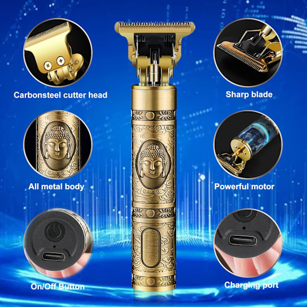 Hiustenleikkuri miehille, langaton sähköinen hiustenleikkuri ladattava parranleikkuri ajokone, sähköinen T-teräleikkuri Zero Gapped Edgers Clipper Hair Cut Retro Gold