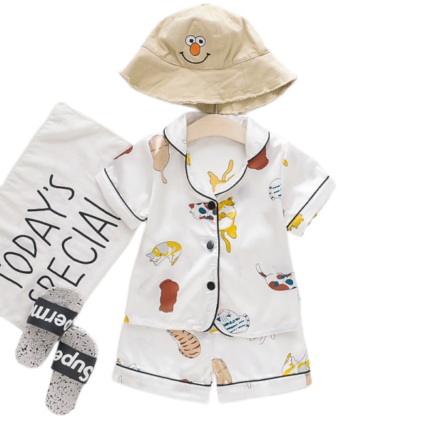 Pojkar flickor sommar pyjamas set tecknad katt vit, L