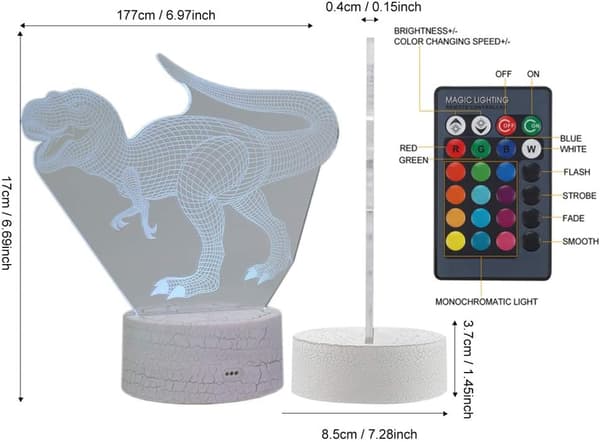 3D Dinosaur Optisk Illusjon Nattlys 16 LED Farge Changi
