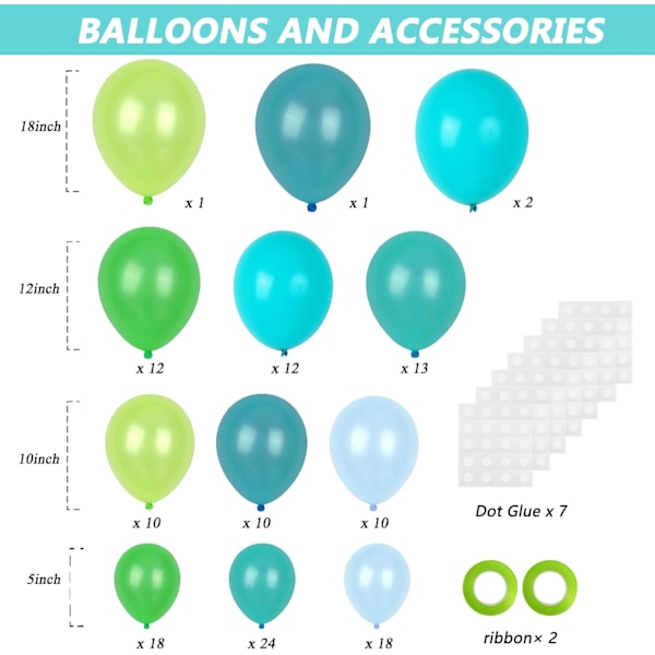 129 stk. blå grønne balloner i forskellige størrelser 18 12 10 5 tommer til guirlandebue, grønne blå balloner til fødselsdag baby shower køn afsløring bryllupsfest Blue Green
