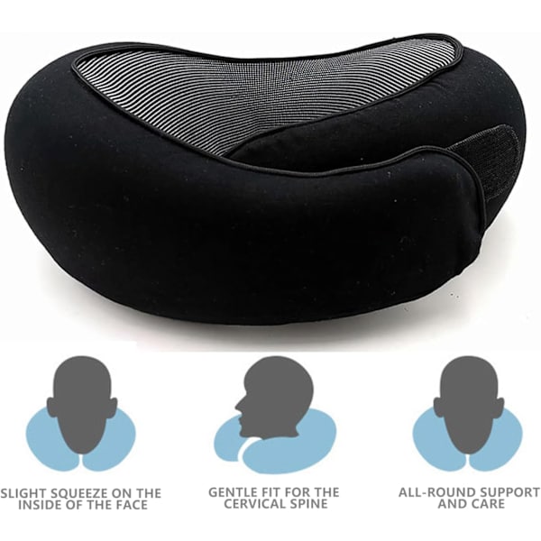 Rejse Nakkepude, Memory Foam Rejse Nakkepude, 360 Graders Komfort og Åndbarhed, Flyrejse Nakkepude, Sammenklappelig U-formet Pude Black