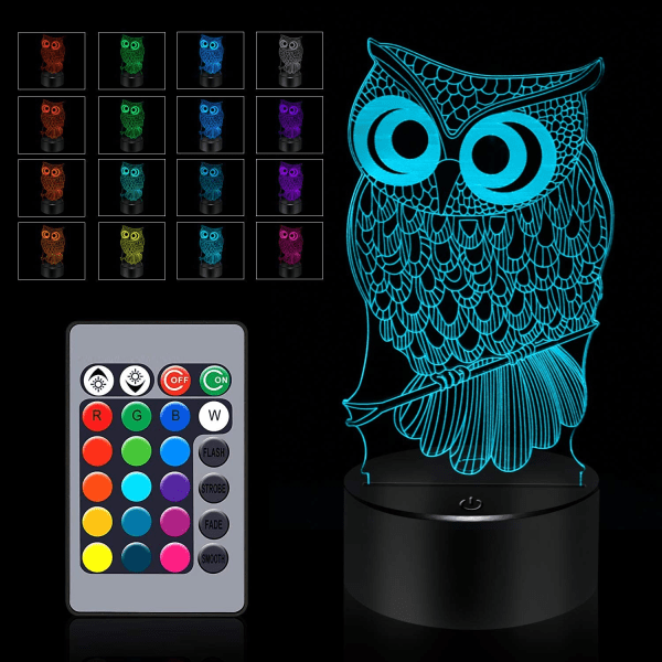 Uggla Gåvor 3D Uggla Lampa, Touch & Fjärrkontroll - 16 Färger Cha