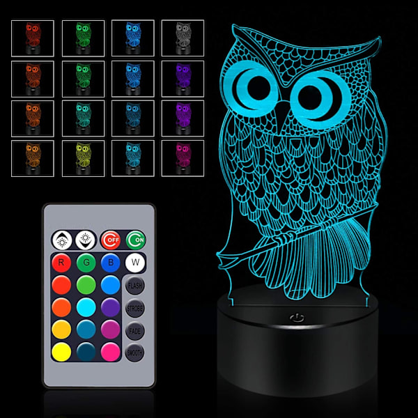 Uggla Presenter 3D Uggla Lampa, Touch & Fjärrkontroll - 16 Färgförändringar Nattlampa - Sovrumsdekoration Leksaker