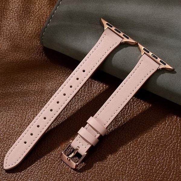 Smal Läderarmband Kompatibelt med Apple Watch Armband 40mm 38mm 41mm 42mm 44mm 45mm 46mm Kvinnor, Äkta Läderrem Tunn Pink 42/44/45/49mm