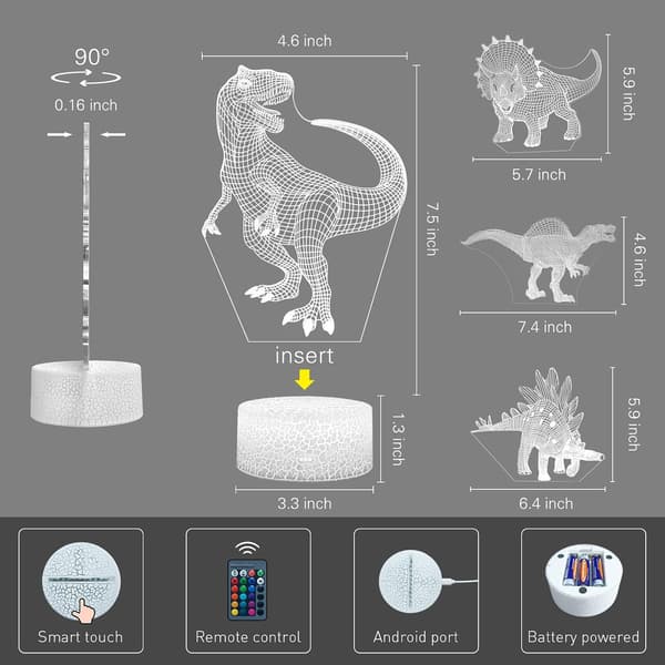 Dinosaur 3D Nattlampe for Gutter 4 stk Hologram Illusjonslampe