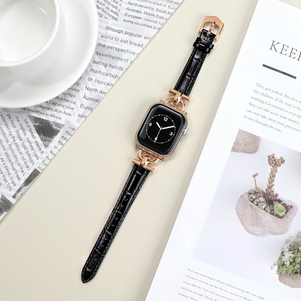 Läderarmband Kompatibelt med Apple Watch Armband för Kvinnor, Elegant Armband för iWatch Serie 10/9/8/7/6/5/4 (38mm 40mm 41mm 42mm se Black/Rose Gold 42/44/45/46/49mm