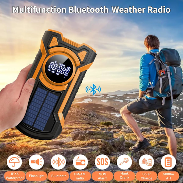 Nødvejrradio, Vandafvisende Bluetooth Bærbar AM/FM/NOAA Vejrradio, 5000mAh USB Håndsving Solradio, Telefonoplader, Lommelygte, SOS Orange