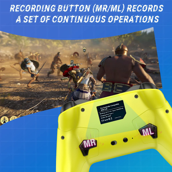 Bluetooth-kontroller for Switch/PC/Steam/Apple Arcade MFi-spill osv., Switch Pro-kontroller trådløs med justerbar dobbeltbevegelse, Turbo, makroer, 6-akser Yellow