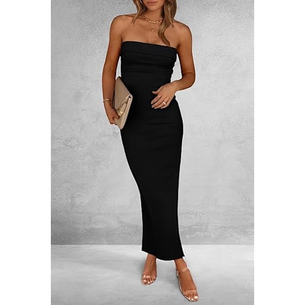 Sommarklänning för dam, Maxiklänning, tubmodell, ribbad, axelbandslös, sidoslits, lång, utekväll, vardaglig, elegant, festklänning L