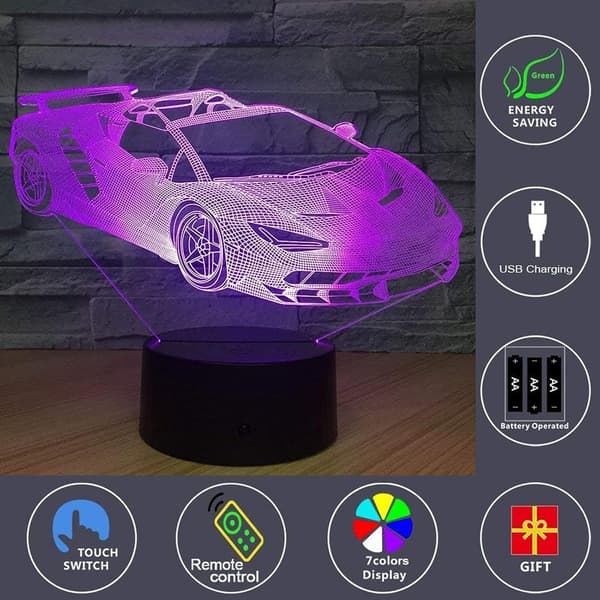 3D Illusion Lampe Børns sportsvogn 3D lampe 16-farve vari