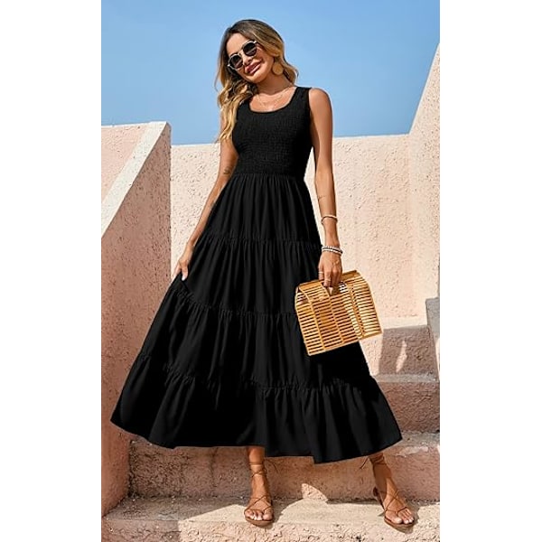Dame 2025 Casual Løs Ensfarget Maxi Sommerkjole Smock Tank Kjole Ermeløs Sommer Strand Lagdelt Lange Kjoler L