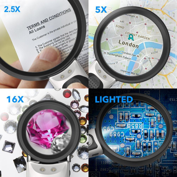 Valaisin suurennuslasi, 2.5X, 5X, 16X vaihdettavat linssit g