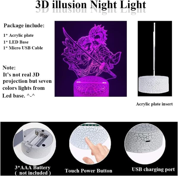 3D-illuusio Anime-lamppu lapsille, värinvaihtavat yövalot