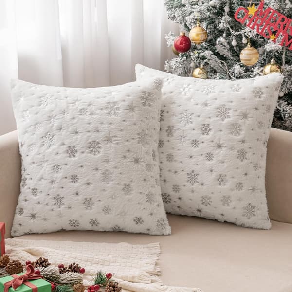 Sæt med 2 18×18\" bløde pyntepudebetræk i imiteret pels til jul - Sølv snefnug glimmer julepudebetræk til sofa og seng White