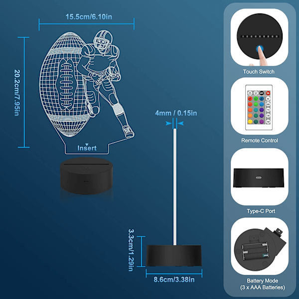 Fodboldspiller 3D Natlys, Attivolife Rugby Illusion LED Lampe med Fjernbetjening & Berøringskontrol