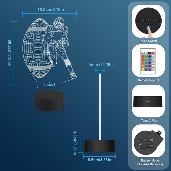 Fotballspiller 3D Nattlys, Attivolife Rugby Illusjon LED