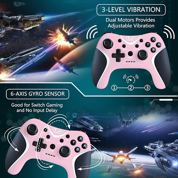 Trådløse brytere kontrollere rosa, Nintendo Switch-kontroller for Nintendo Switch/Lite/OLED/Windows PC med programmerbar/vibrasjon/turbofunksjon, bryter pink
