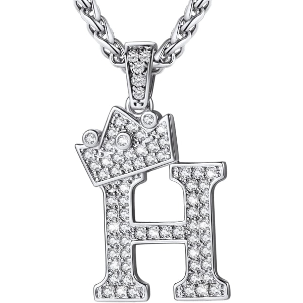 Krone Initial A-Z Halskæde, Iced Out Bogstav Vedhæng med 22-24 Tommer Kæde, Mænd Kvinder Bling Hip Hop Alfabet Navn Smykker Gave Store Initialer Halskæder H Silver