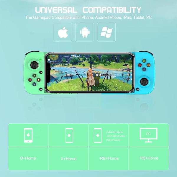 Bluetooth-kontroller för iPhone, Android, direkt uppspelning, låg latens, telefonkontroller spelkontroll joystick för Galaxy S23 S22 S21 20 Ultra, iPhone 14 13 1 Green+Blue