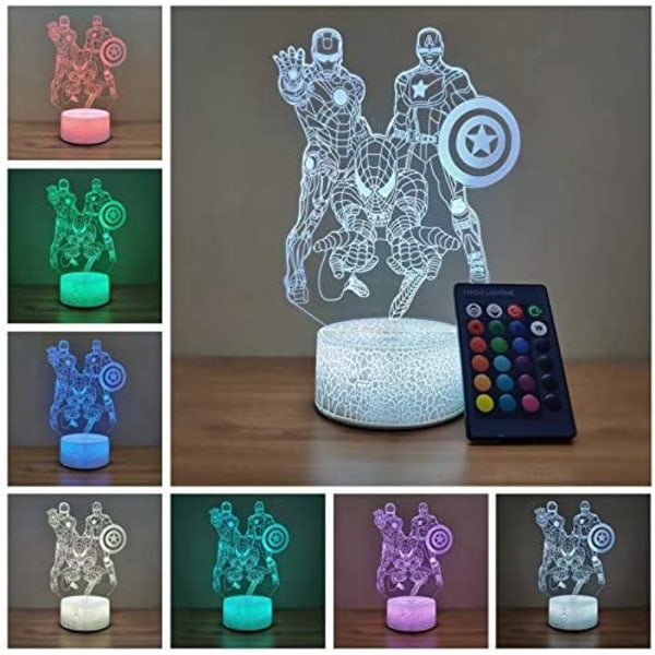 Spider-Man Hero Nattlampa Järn Captain America Man 3D Optisk Illusionlampa 7 Färger, Födelsedag Julgåvor för Barn Touch Light Borddekoration