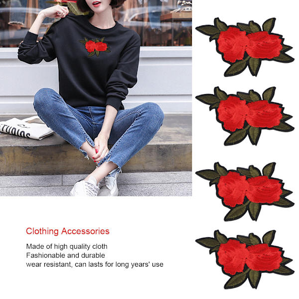 Rød rose broderet patch DIY dekoration tøj strygejern sy mærkat håndværk tilbehør