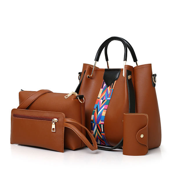 Dames håndtaske sæt 4 i 1 blød PU læder top håndtaske, tote taske, skuldertasker crossbody taske pung pung sæt Brown