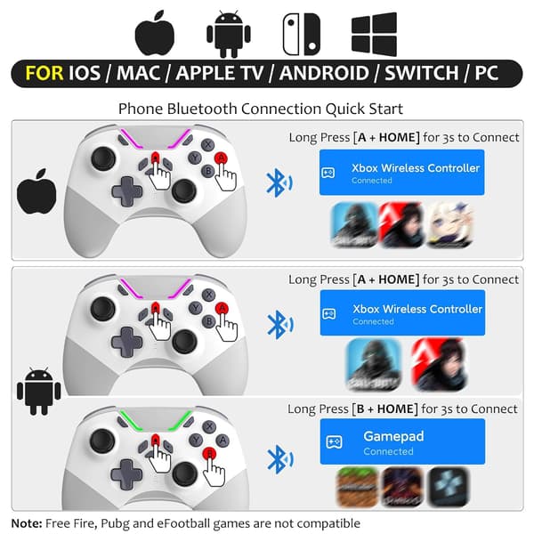 Bluetooth-controller til Switch/PC/iPhone/Android/Apple Arcade MFi-spil/TV/Steam, Pro trådløs spilcontroller fjernbetjening gamepad med telefonklip med L White