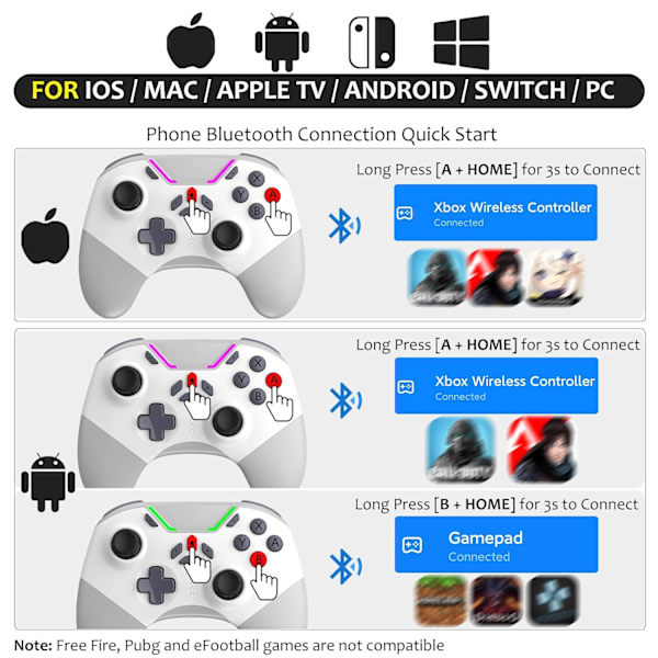 Bluetooth-kontroller för Switch/PC/iPhone/Android/Apple Arcade MFi-spel/TV/Steam, Pro trådlös spelkontroll fjärrkontroll Gamepad med telefonklämma med L White