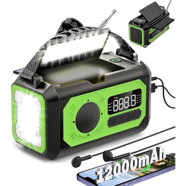 12000mAh Käsikäyttöinen Hätäradio, AM/FM/NOAA, Monitoiminen Aurinkoenergialla Toimiva Radio, 2 Aurinkopaneelia, USB-Lataus, Taskulamppu & LED-Lukuvalo, SOS-Hälytin Green