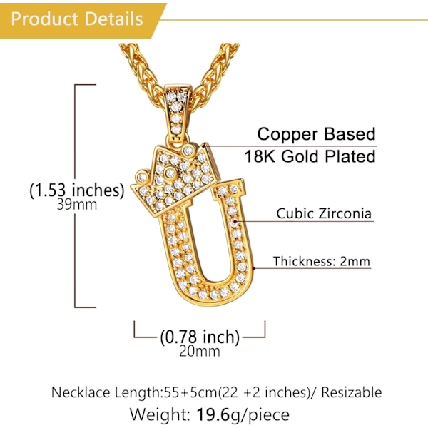 Krone Initial A-Z Halskæde, Iced Out Bogstav Vedhæng med 22-24 Tommer Kæde, Mænd Kvinder Bling Hip Hop Alfabet Navn Smykker Gave Store Initialer Halskæder U 18K Gold