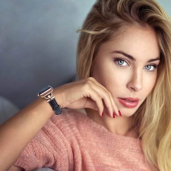 Nahkaranneke yhteensopiva Apple Watch -rannekkeiden kanssa naisille, tyylikäs hieno ranneke iWatch Series 10/9/8/7/6/5/4:lle (38mm 40mm 41mm 42mm se Black/Rose Gold 38/40/41/42(10代）mm