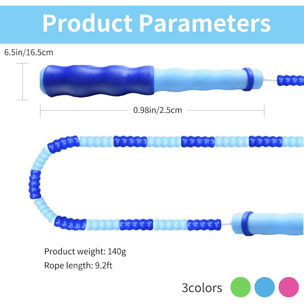 Hopprep, justerbar längd trasselfri segmenterad mjuk pärlad hopprep, fitness hopprep för barn, man och kvinnor viktminskning 9,2 fot Pink Blue