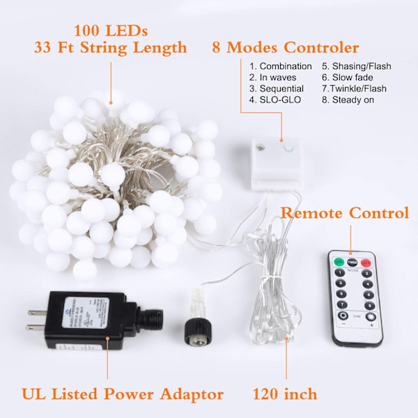 33 fot 100 LED-globlampor ljusslinga, ljusslinga White