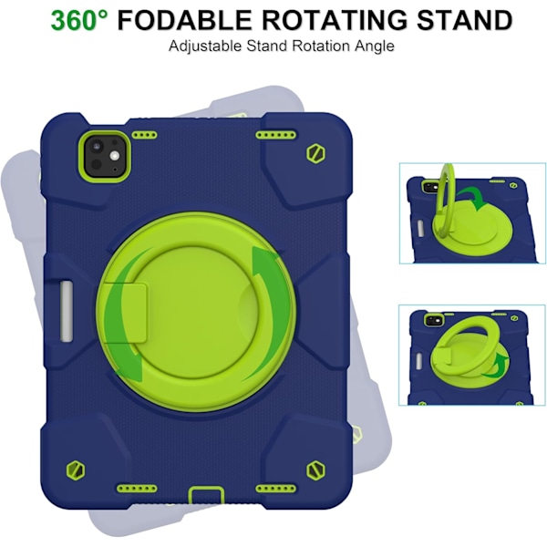 Kotelo iPad Pro 11 tuuman kotelolle 2024 (M4) 5. sukupolvi, kestävä iskunkestävä suojus 360° kääntyvällä kahvalla/jalustalla/kynätelineellä/Sh Navy Green iPad pro11 2024
