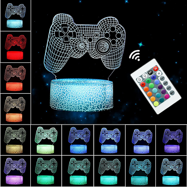 Gamepad 3D Illusion Lamp, 3D nattlampa för pojkar med fjärrkontroll