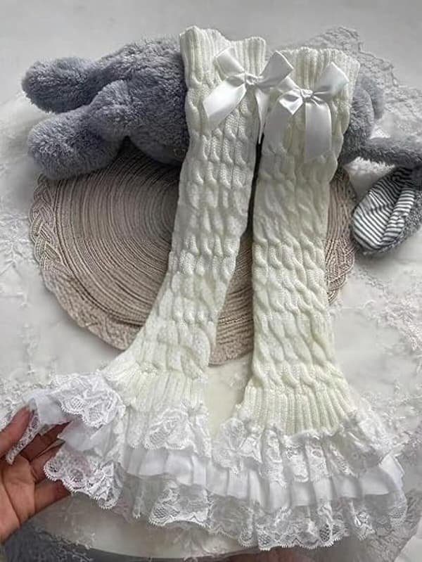 Leggvarmere for kvinner - Knestrømper med sløyfe og blondekant, søtt kostymefesttilbehør White