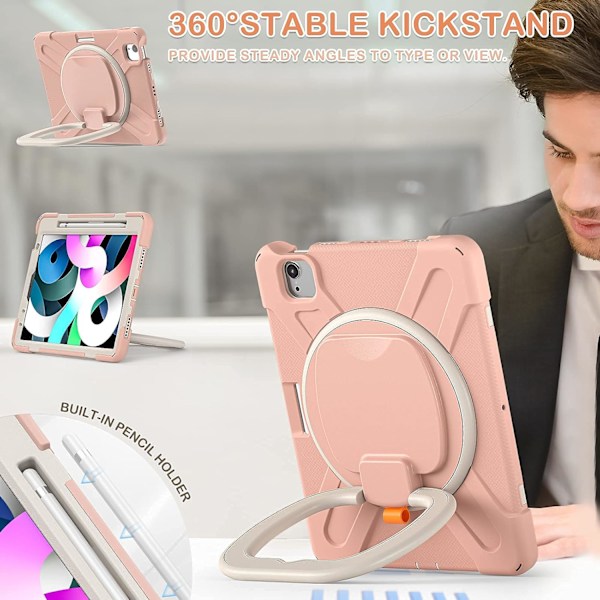 Kotelo iPad Pro 11:lle, Lasten suojus 360° kääntyvällä jalustalla, kynätelineellä ja kantohihnalla Rose Gold iPad Pro11（2024）