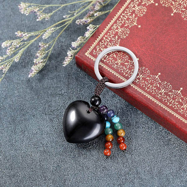 Luonnonkristalli sydän jalokivi avaimenperä 7 Chakra parantava kivi avaimenperä viehätys naisille Black Obsidian