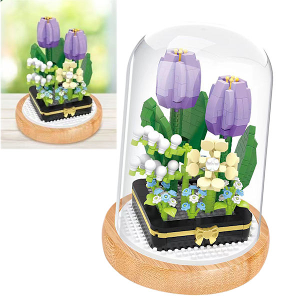 Växtbyggstenar Miniatyr DIY Byggstenar Bukett Krukväxter Prydnader Dekoration Leksaker med Skyddande Överdrag Tulip