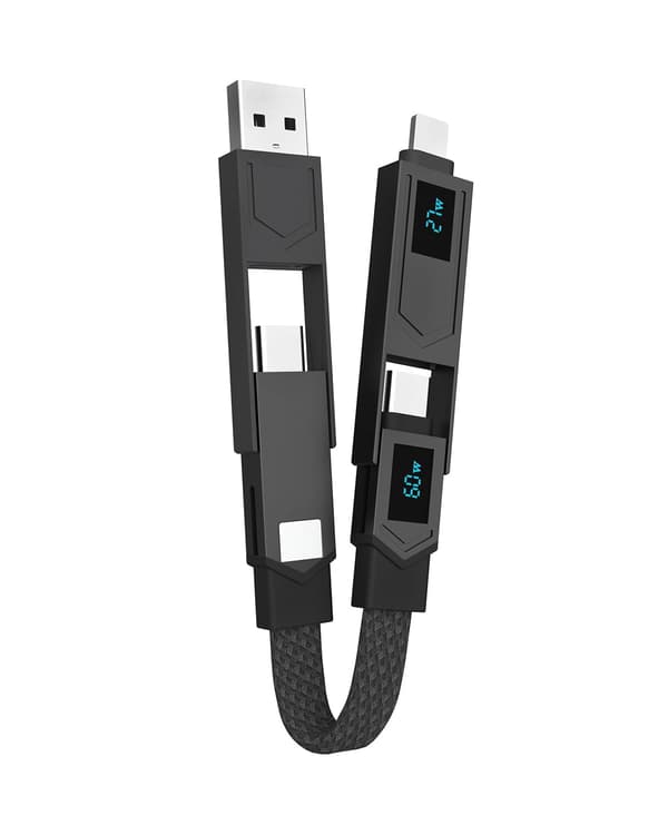 4-i-1 PD65W Datakabel Multi USB Opladningskabel: Kort EDC-ledning til Lightning Type C A Black