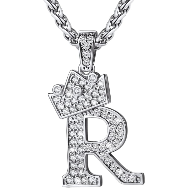 Krone Initial A-Z Halskjede, Iced Out Bokstavanheng med 22-24 Tommers Kjede, Menn Kvinner Bling Hip Hop Alfabet Navn Smykker Gave Store Initialer Halskjeder R Silver