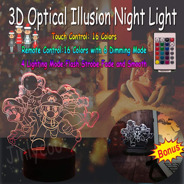 Tegneserie Lys Bros Yoshi Bror Luigi Toad Donkey Kong Bowser 3D LED Bordlampe Hjem Decor Natlys til Dreng Værelse med 7 Farve Smart Fjernbetjening Skift