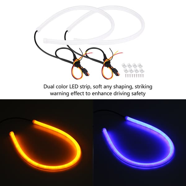 2*45cm Bil 12V Fleksibel Blød Rørguide LED Strip DRL Lys Blinklys Blå&Gul