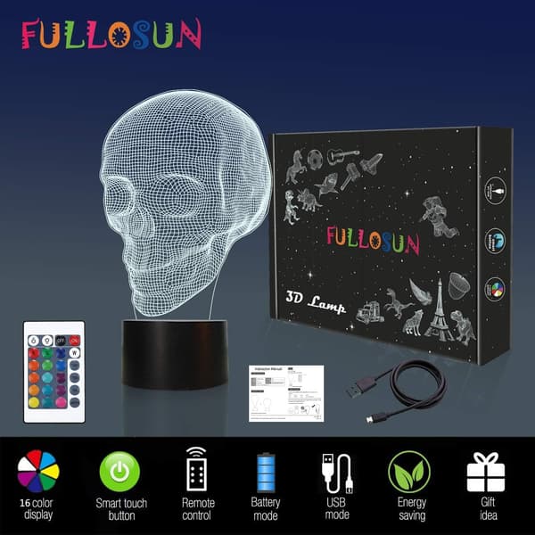 3D-lampe med kranie, optisk illusion, natlampe, dødningehovedmodel Holi