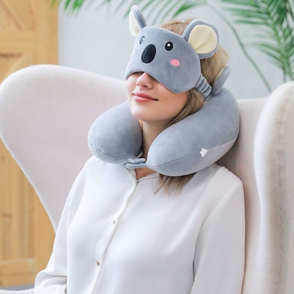 Memory Foam Dyre Rejsepude, Komfortabel Nakkepude med Sød Øjenmaske Let Rejsepude til Fly, Bil, Tog, Bus og Hjemmebrug Koala