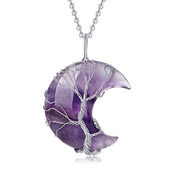 Livets Træ Wire Wrapped Halvmåne Vedhæng Halskæde Reiki Healing Krystal Sten Halskæder Naturlig Ædelsten til Kvinder（ametyst）