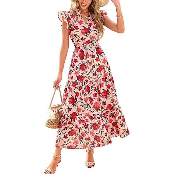 Dame 2025 Sommer Blomstret Midi Kjole Korte Ærmer V-Hals Flæse Lang Flydende Boho Afslappet Strand Ferie Kjoler XL