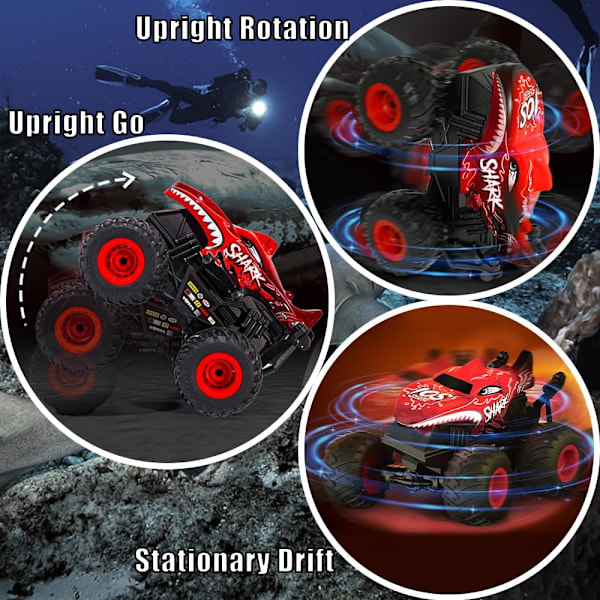 Kauko-ohjattava auto, 2,4 GHz:n kauko-ohjattava monster truck, RC-autot 2 akkua 60 minuuttia+, RC-temppuautot lelut valolla ja äänellä, sisä- ja ulkokäyttöön lapsille ja aikuisille Red